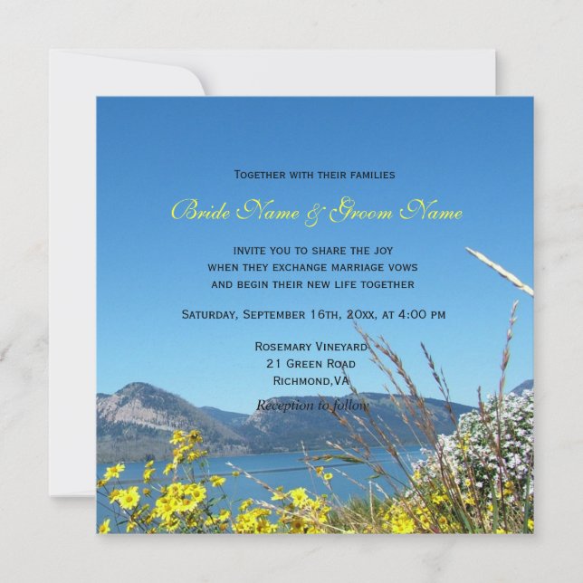 Wilde Blume und Einladungen zur Hochzeit am See (Vorderseite)