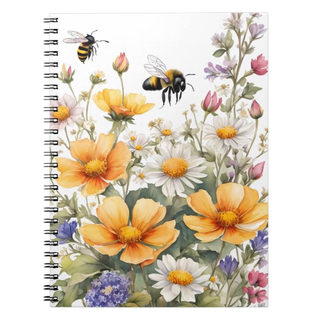 Wilde Blume und Honigbienen Wasserfarbe Notizblock (Vorderseite)