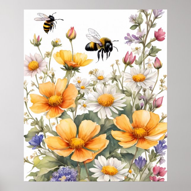 Wilde Blume und Honigbienen Wasserfarbe Poster (Vorne)