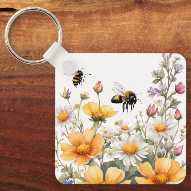 Wilde Blume und Honigbienen Wasserfarbe Schlüsselanhänger (Vorderseite)