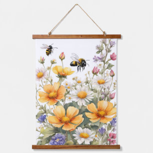 Wilde Blume und Honigbienen Wasserfarbe Wandteppich Mit Holzrahmen