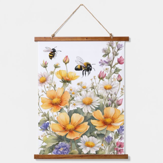 Wilde Blume und Honigbienen Wasserfarbe Wandteppich Mit Holzrahmen (Vorderseite)