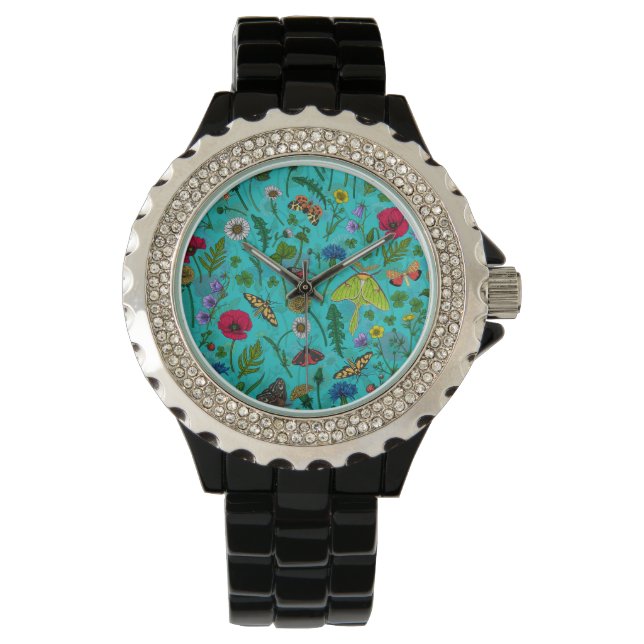 Wilde Blume und Motten auf aquamarin Armbanduhr (Vorderseite)