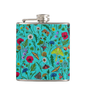 Wilde Blume und Motten auf aquamarin Flachmann