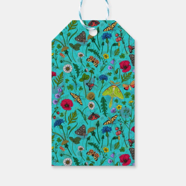 Wilde Blume und Motten auf aquamarin Geschenkanhänger (Vorderseite)