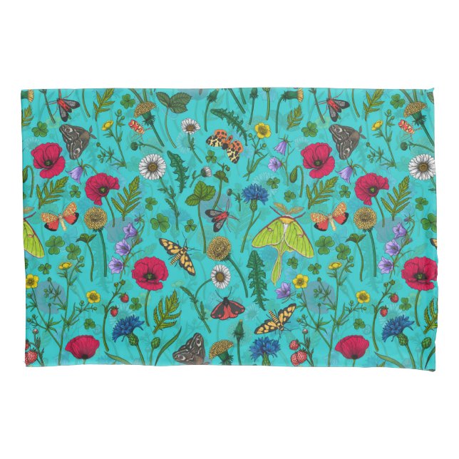 Wilde Blume und Motten auf aquamarin Kissenbezug (Vorderseite-Links)