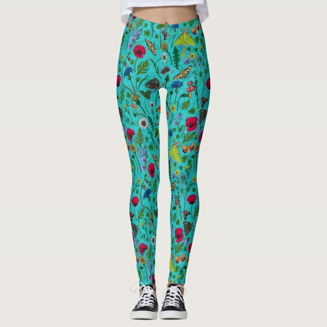 Wilde Blume und Motten auf aquamarin Leggings (Vorderseite)