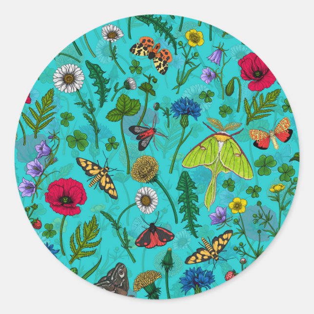 Wilde Blume und Motten auf aquamarin Runder Aufkleber (Vorderseite)