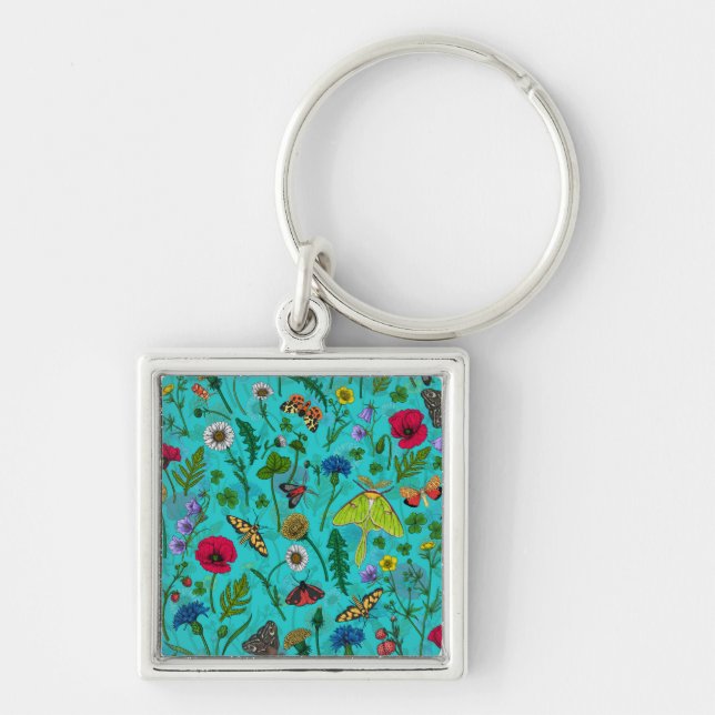Wilde Blume und Motten auf aquamarin Schlüsselanhänger (Vorne)