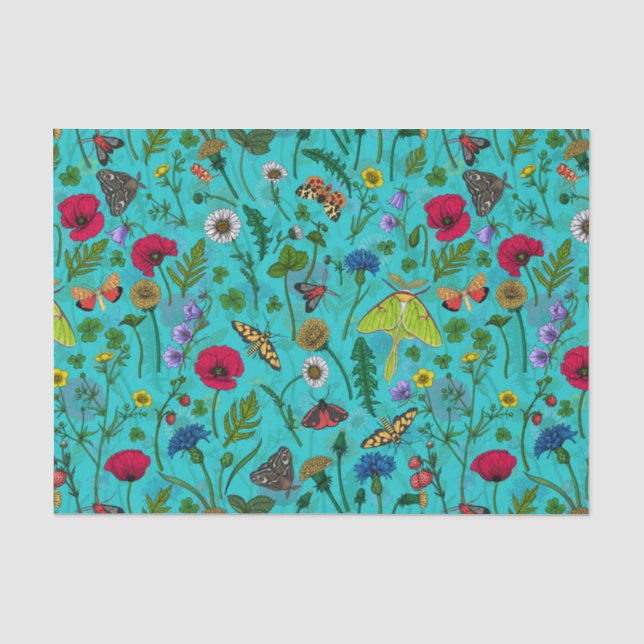 Wilde Blume und Motten auf aquamarin Seidenpapier (Vorderseite)