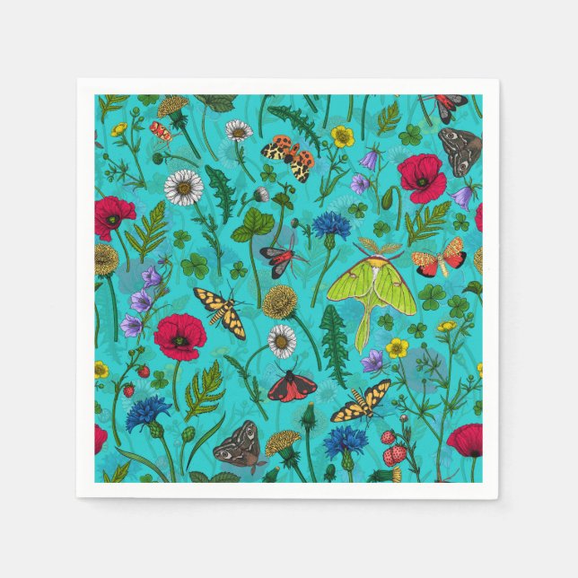 Wilde Blume und Motten auf aquamarin Serviette (Vorderseite)