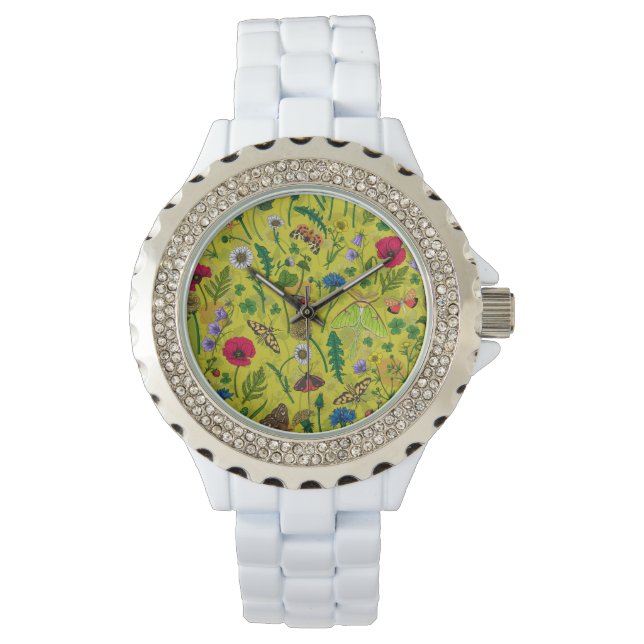 Wilde Blume und Motten auf Grün Armbanduhr (Vorderseite)