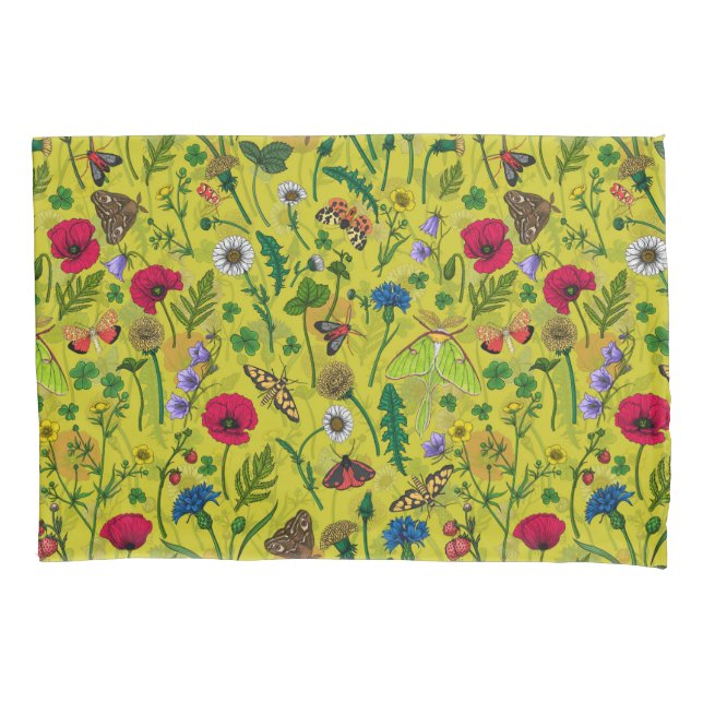 Wilde Blume und Motten auf Grün Kissenbezug (Vorderseite-Links)