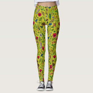 Wilde Blume und Motten auf Grün Leggings