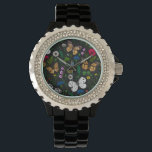 Wilde Blume und Schmetterlinge auf schwarz Armbanduhr<br><div class="desc">Handgemalte Sammlung von verschiedenen Schmetterlingen und wilden Blume.</div>
