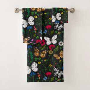 Wilde Blume und Schmetterlinge auf schwarz Badhandtuch Set