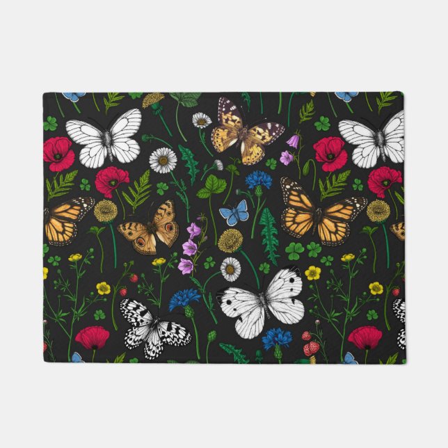 Wilde Blume und Schmetterlinge auf schwarz Fußmatte (Vorderseite)