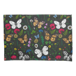 Wilde Blume und Schmetterlinge auf schwarz Kissenbezug