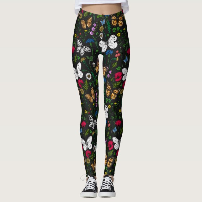 Wilde Blume und Schmetterlinge auf schwarz Leggings (Vorderseite)