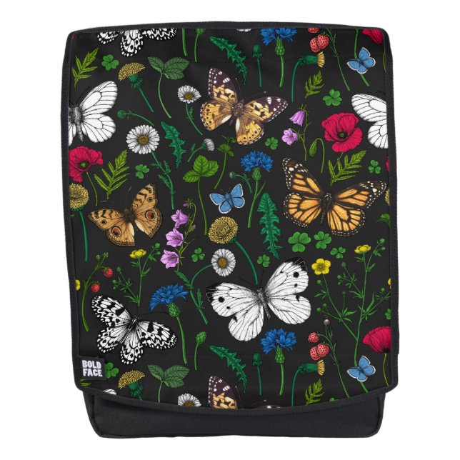 Wilde Blume und Schmetterlinge auf schwarz Rucksack (Vorderseite)