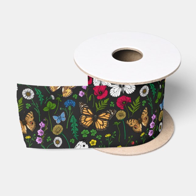 Wilde Blume und Schmetterlinge auf schwarz Satinband (Spule)