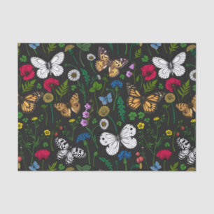 Wilde Blume und Schmetterlinge auf schwarz Seidenpapier