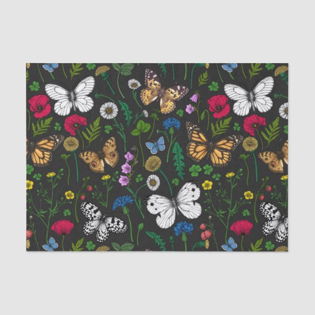 Wilde Blume und Schmetterlinge auf schwarz Seidenpapier (Vorderseite)