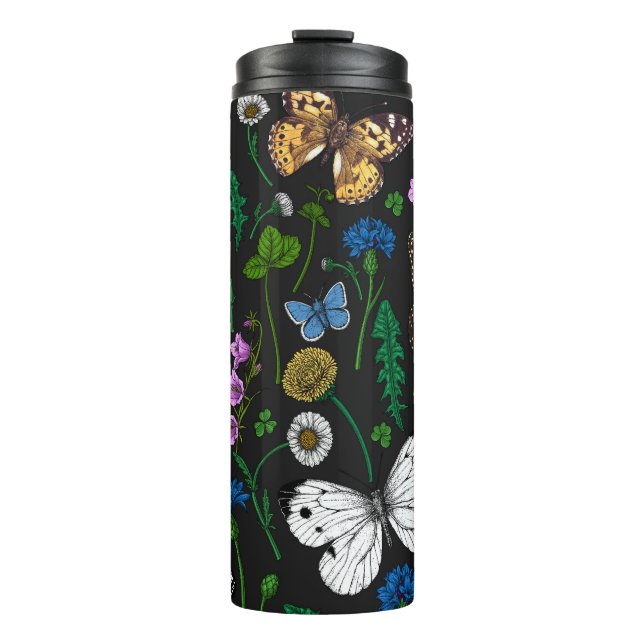 Wilde Blume und Schmetterlinge auf schwarz Thermosbecher (Vorderseite)