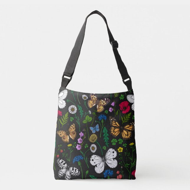 Wilde Blume und Schmetterlinge auf schwarz Tragetaschen Mit Langen Trägern (Vorderseite)