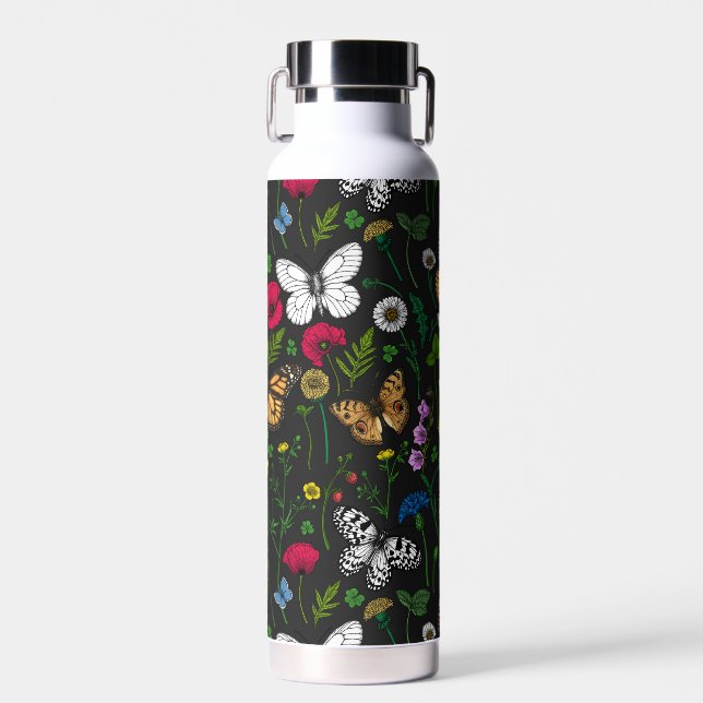 Wilde Blume und Schmetterlinge auf schwarz Trinkflasche (Vorne)