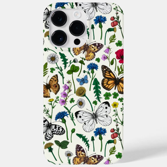 Wilde Blume und Schmetterlinge auf Weiß Case-Mate iPhone 14 Pro Max Hülle (Rückseite)