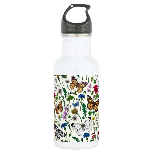 Wilde Blume und Schmetterlinge auf Weiß Edelstahlflasche (Vorderseite)