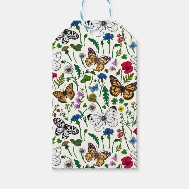 Wilde Blume und Schmetterlinge auf Weiß Geschenkanhänger (Vorderseite)