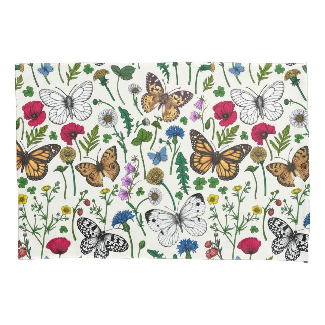 Wilde Blume und Schmetterlinge auf Weiß Kissenbezug (Vorderseite-Links)