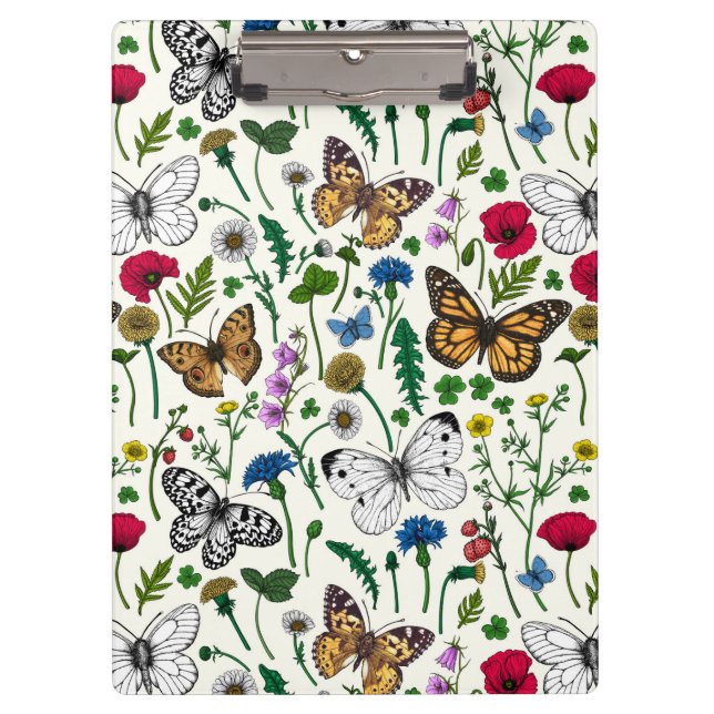 Wilde Blume und Schmetterlinge auf Weiß Klemmbrett (Vorderseite)