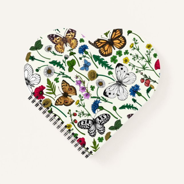 Wilde Blume und Schmetterlinge auf Weiß Notizbuch (Vorderseite)