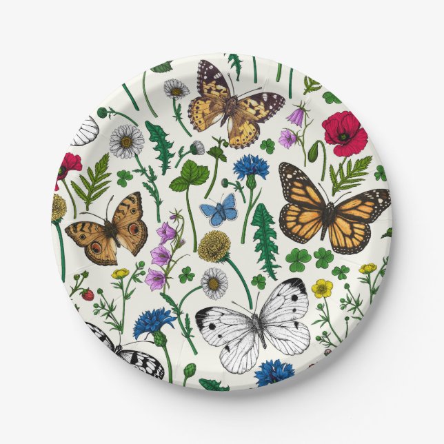 Wilde Blume und Schmetterlinge auf Weiß Pappteller (Vorderseite)