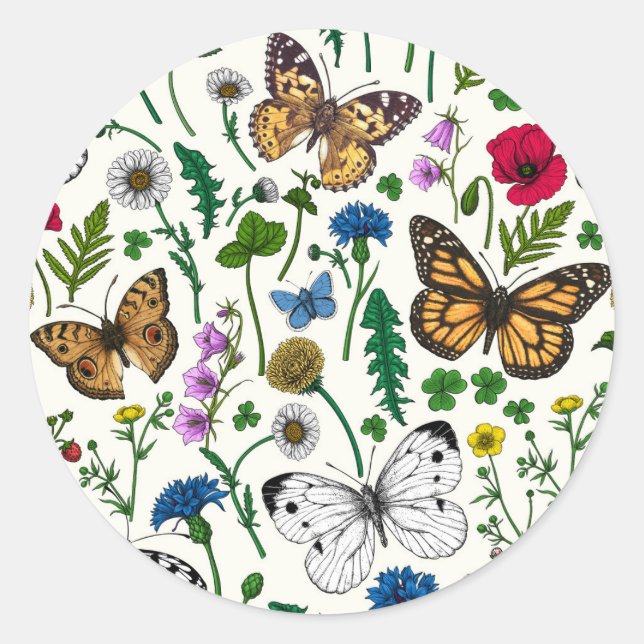 Wilde Blume und Schmetterlinge auf Weiß Runder Aufkleber (Vorderseite)