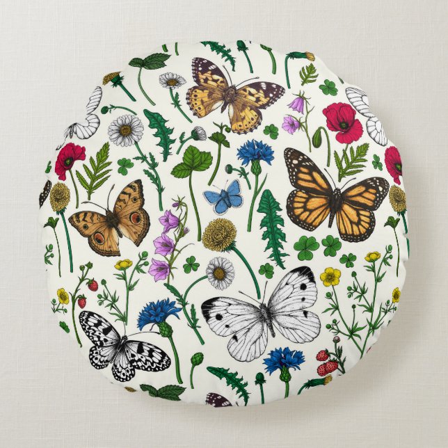 Wilde Blume und Schmetterlinge auf Weiß Rundes Kissen (Vorderseite)