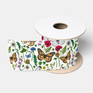 Wilde Blume und Schmetterlinge auf Weiß Satinband