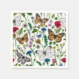 Wilde Blume und Schmetterlinge auf Weiß Serviette