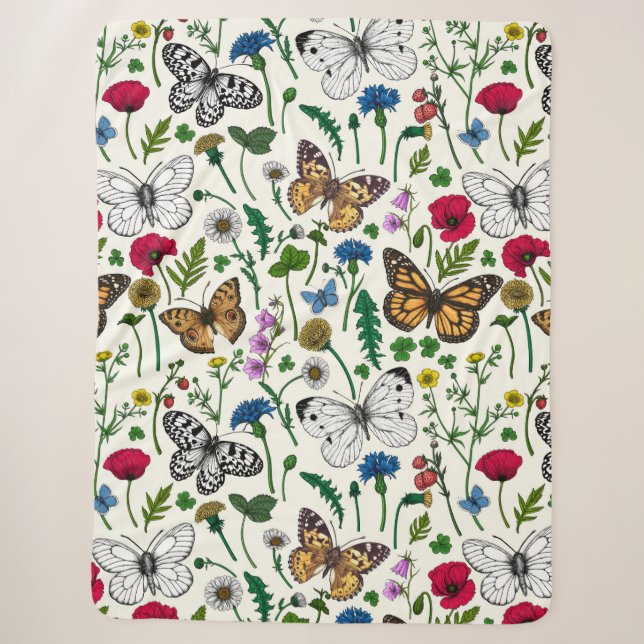 Wilde Blume und Schmetterlinge auf Weiß Sherpadecke (Vorderseite)