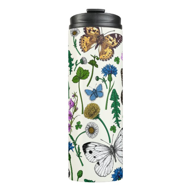 Wilde Blume und Schmetterlinge auf Weiß Thermosbecher (Vorderseite)