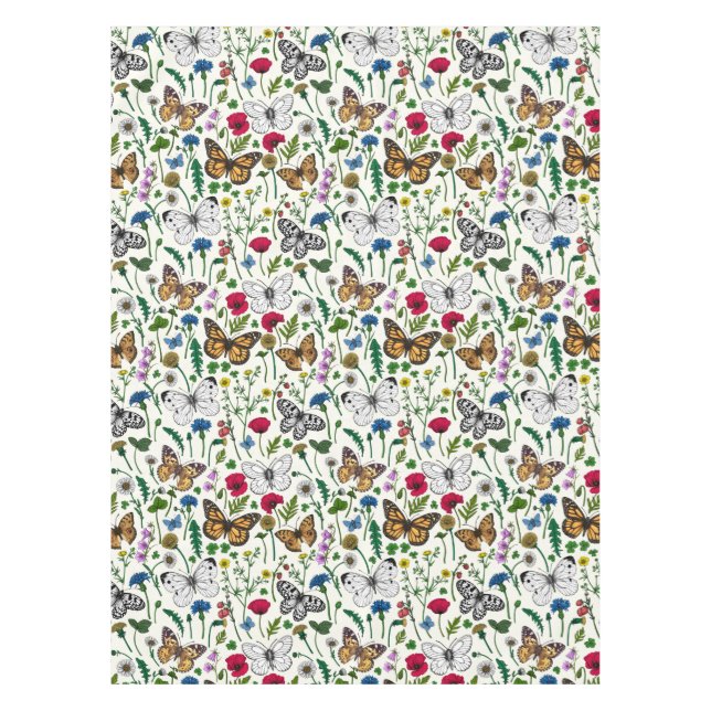 Wilde Blume und Schmetterlinge auf Weiß Tischdecke (Vorderseite)
