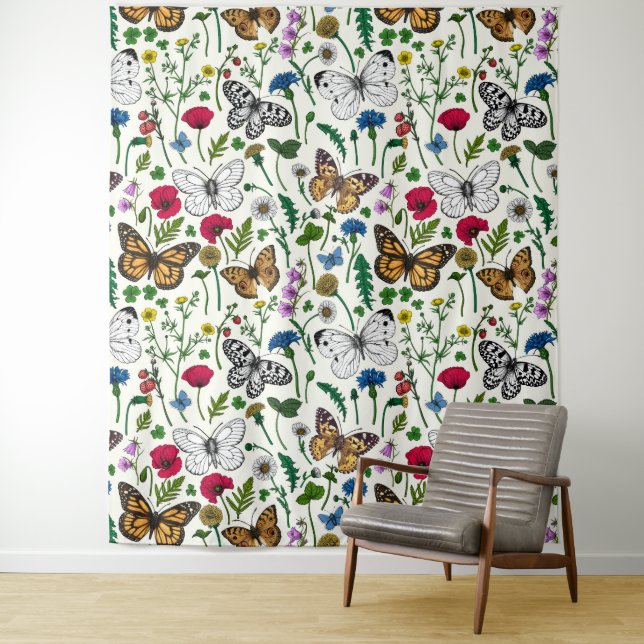 Wilde Blume und Schmetterlinge auf Weiß Wandteppich (Beispiel)
