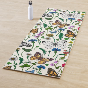 Wilde Blume und Schmetterlinge auf Weiß Yogamatte