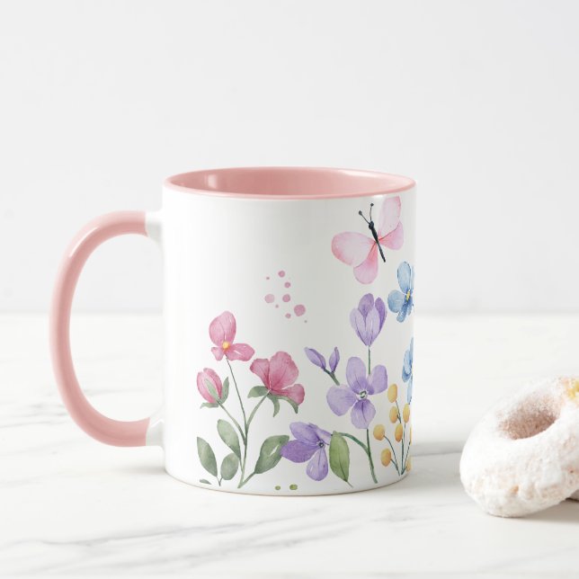 Wilde Blume und Schmetterlinge Tasse (Mit Donut)