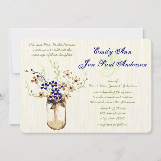 Wilde Blume von Navy Copper und Green Mason Jar Einladung (Vorderseite)