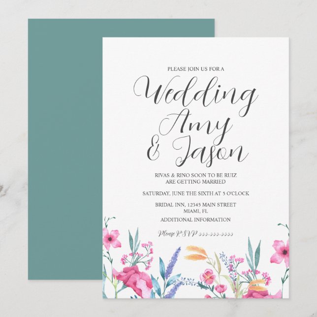 Wilde Blume Wasserfarbe Grün Hochzeit Einladung (Vorne/Hinten)