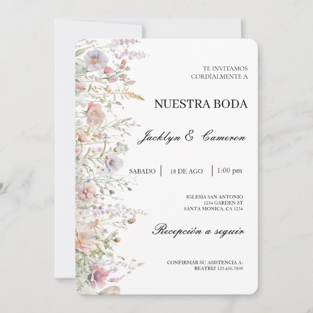 Wilde Blume Wasserfarbe Spanische Hochzeit Einladu Einladung (Vorderseite)